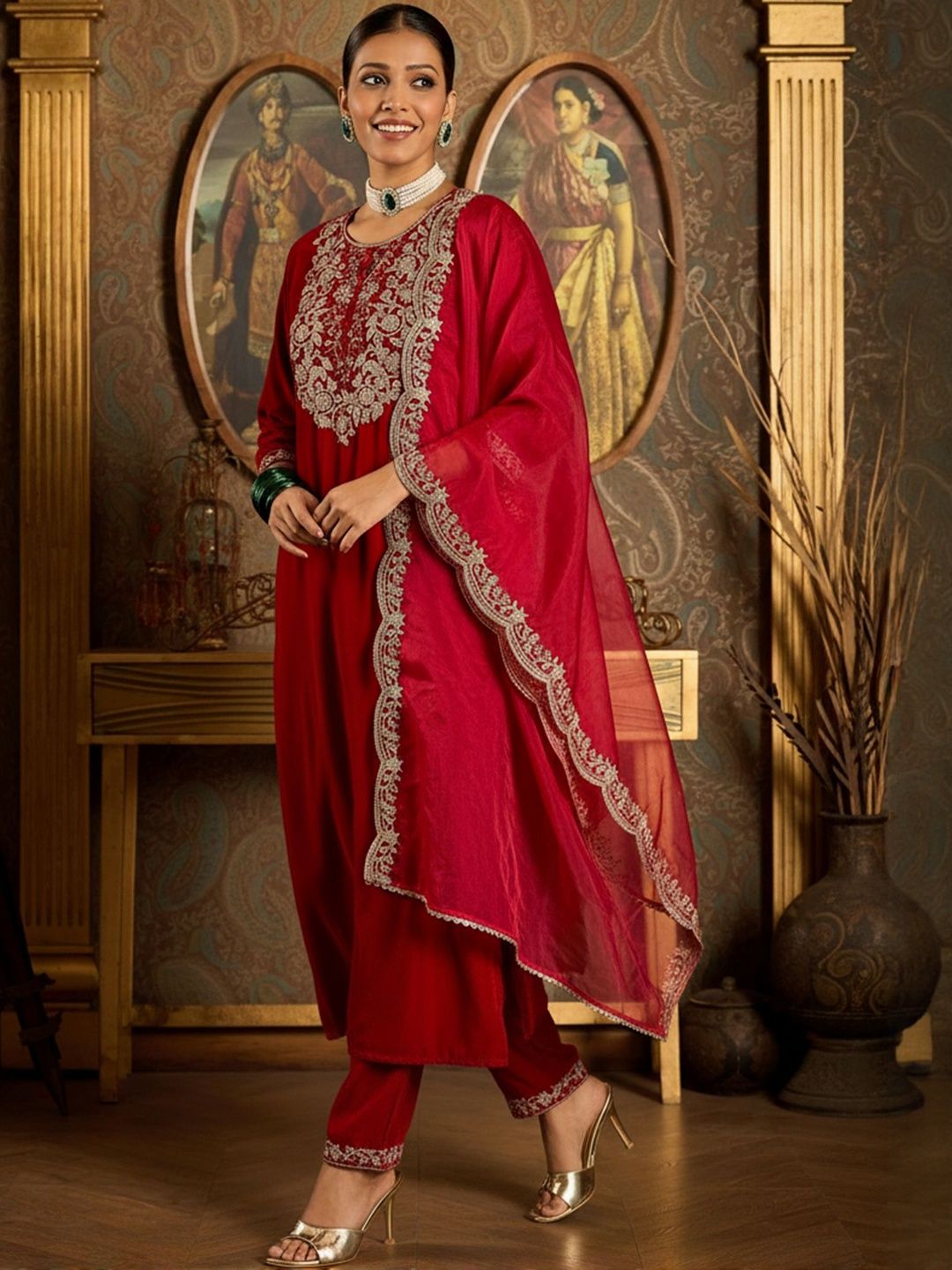Embroidered Round Neck Thread Work Velvet Kurta With Trousers & Dupatta