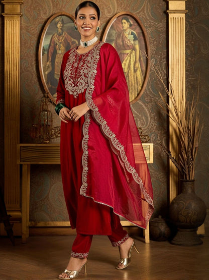 Embroidered Round Neck Thread Work Velvet Kurta With Trousers & Dupatta