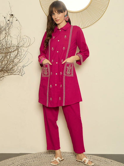 Dhiyona IE Women Embroidered Shirt Collar Cotton Top and Trousers Co-Ords