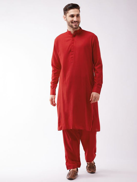 Men's Maroon Cotton Blend Pathani Kurta and Patiala Set