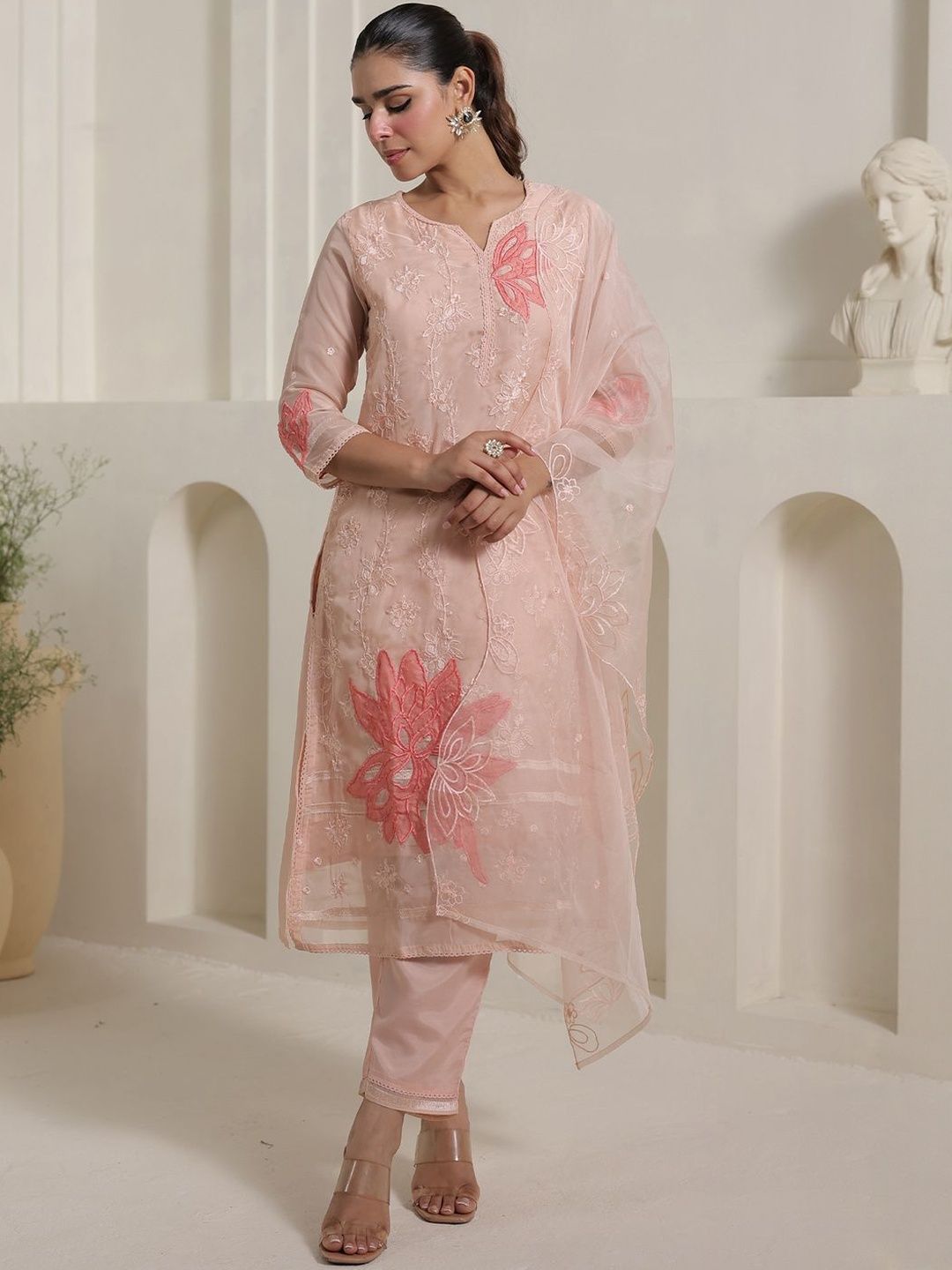 Floral Embroidered Thread Work Kurta With Trouser & Dupatta