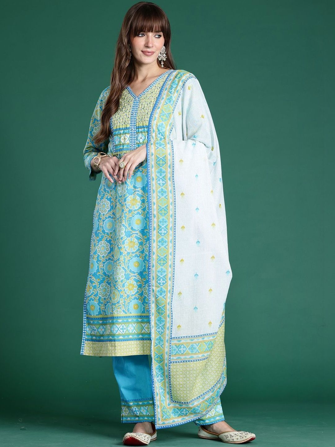 Women Floral Printed Regular Mirror Work Pure Cotton Kurta with Trousers & With Dupatta