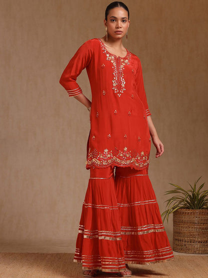 Dhiyona SO Women's Women Floral Regular Mirror Work Silk Crepe Kurta with Sharara & With Dupatta