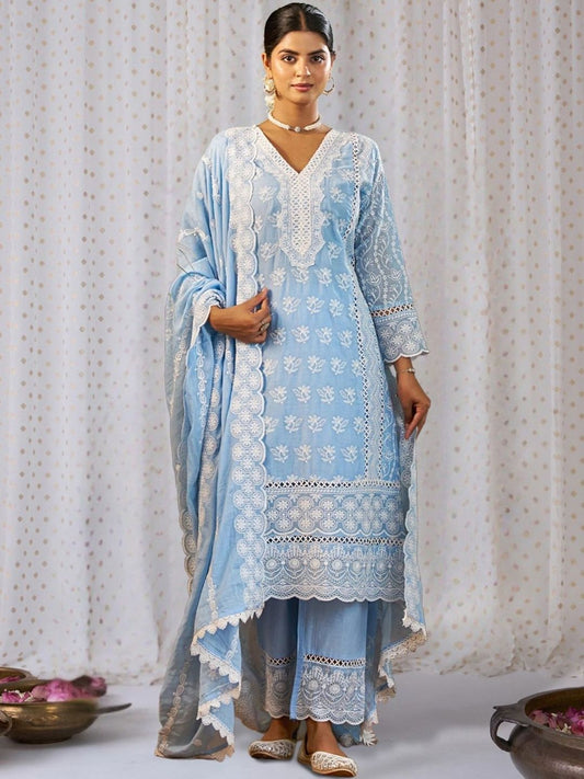 Women Ethnic Motifs Embroidered Regular Chikankari Pure Cotton Kurta with Palazzos & With Dupatta