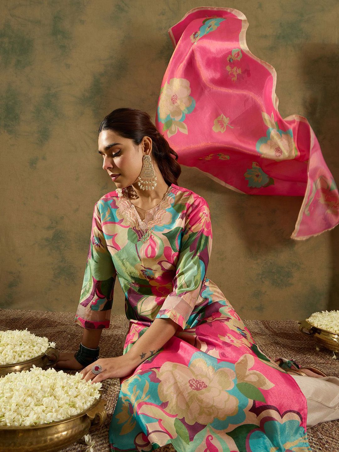 Floral Printed V-Neck Kurta with Trouser & Dupatta