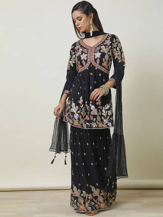 Dhiyona SO Women's Floral Embroidered Empire Sequinned Anarkali Kurti with Sharara & Dupatta