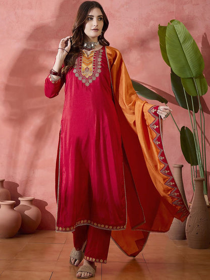 Dhiyona SN Women's Embroidered Sequence Straight Kurta & Trouser With Dupatta