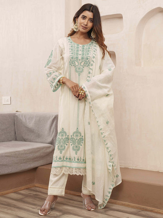 Dhiyona PD Women Floral Embroidered Pure Cotton Kurta & Trousers With Dupatta