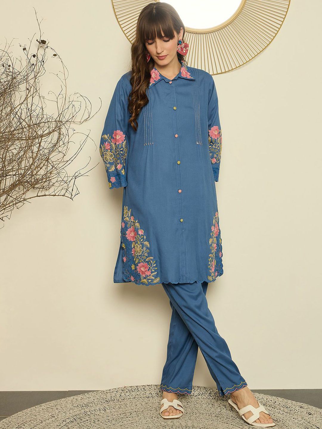 Dhiyona IE Women Embroidered Shirt Collar Top and Trousers Co-Ords