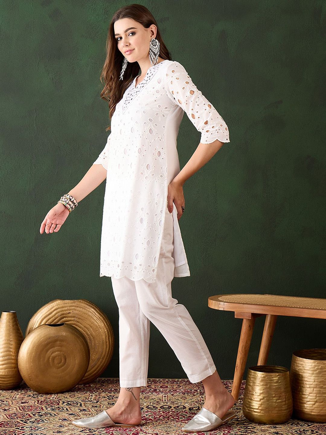 Dhiyona SN Women's White Floral Embroidered V-Neck Mirror Work Pure Cotton Kurta with Trousers