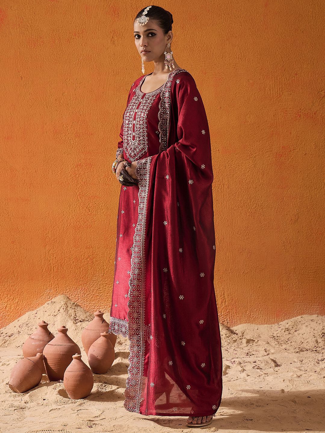 Dhiyona IE Ethnic Motifs Embroidered Thread Work Straight Kurta With Trousers & Dupatta