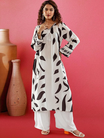 Dhiyona SN Women's Abstract Printed Beads and Stones A-Line Kurta with Palazzos Set