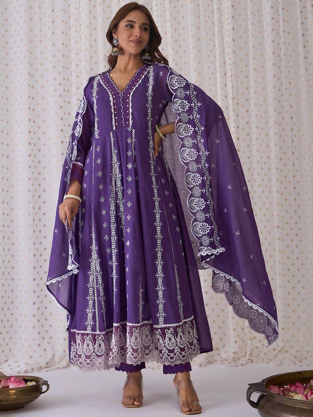 Ethnic Motifs Embroidered Pure Cotton A-Line Kurta Trousers & Dupatta