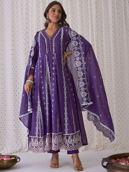 Ethnic Motifs Embroidered Pure Cotton A-Line Kurta Trousers & Dupatta