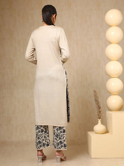 Dhiyona SO Women's Off White Floral Woven Design Keyhole Neck Acrylic Straight Kurta With Trouser