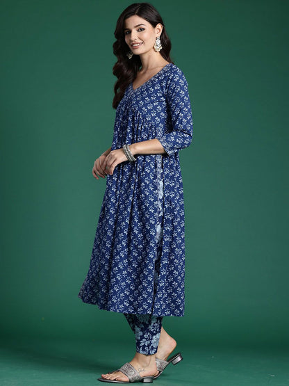 Dhiyona IE Printed V-Neck Pure Cotton A-Line Tunic With Trouser