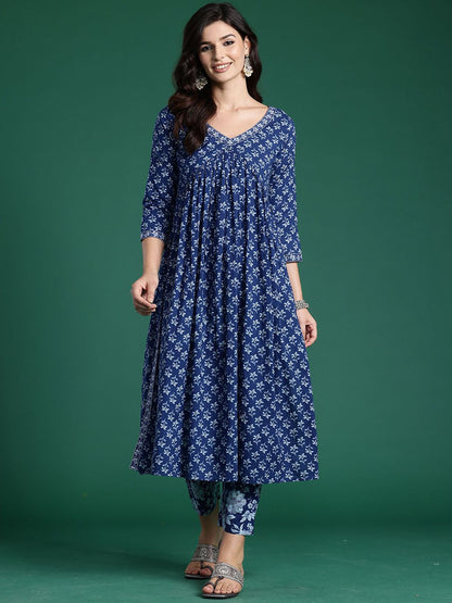 Dhiyona IE Printed V-Neck Pure Cotton A-Line Tunic With Trouser