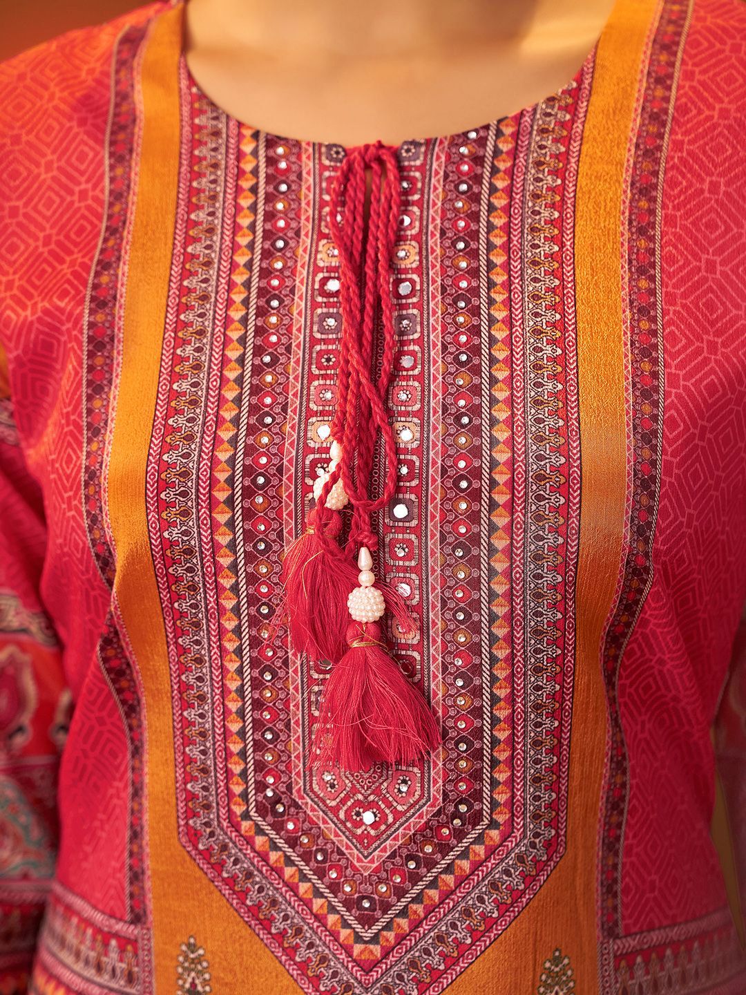 Ethnic Motifs Printed Thread Work Straight Kurta With Trousers & Dupatta