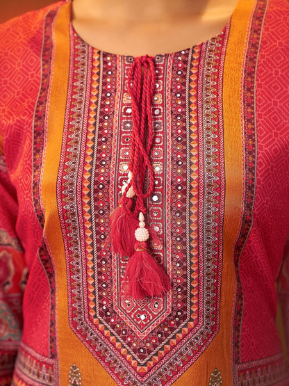 Ethnic Motifs Printed Thread Work Straight Kurta With Trousers & Dupatta