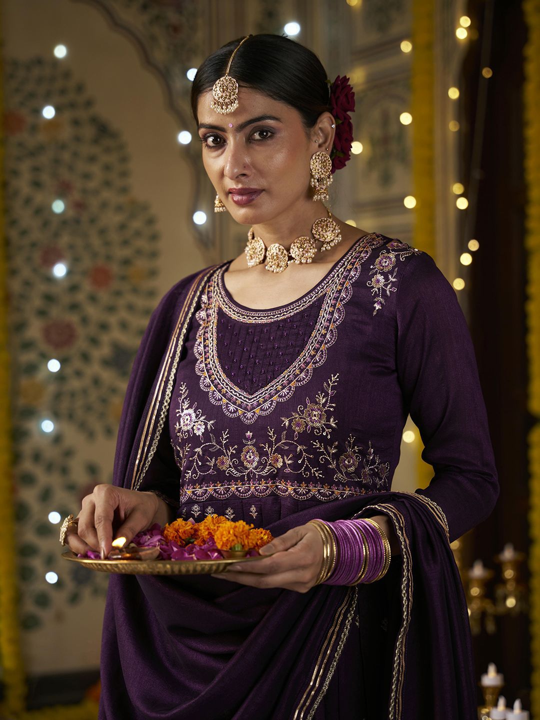 Dhiyona CH Women Floral Embroidered Pleated Sequinned Kurta with Trousers & With Dupatta