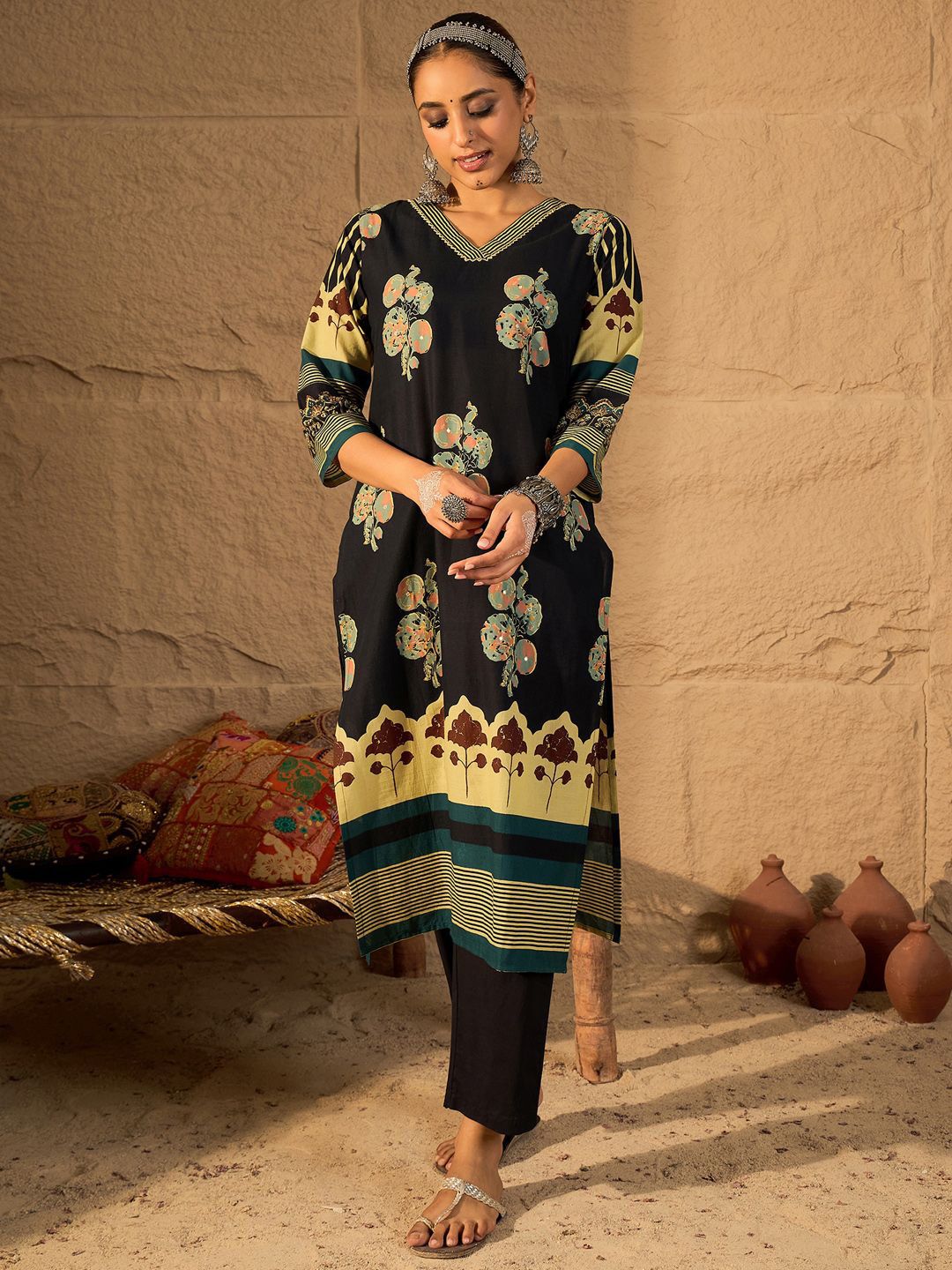 Women Floral Printed Pure Cotton Kurta with Trouser & Dupatta