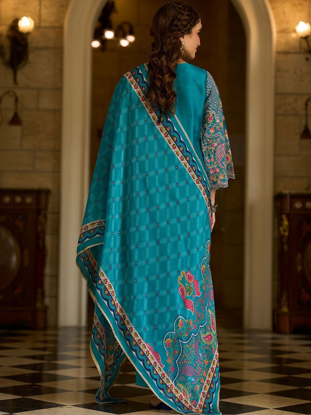 Ethnic Motifs Printed V-Neck Thread Work Kurta With Trousers & Dupatta