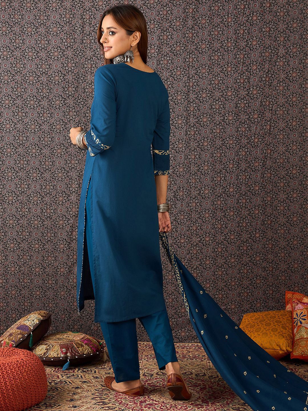 Printed Round Neck Thread Work Pure Cotton Straight Kurta With Trousers & Dupatta