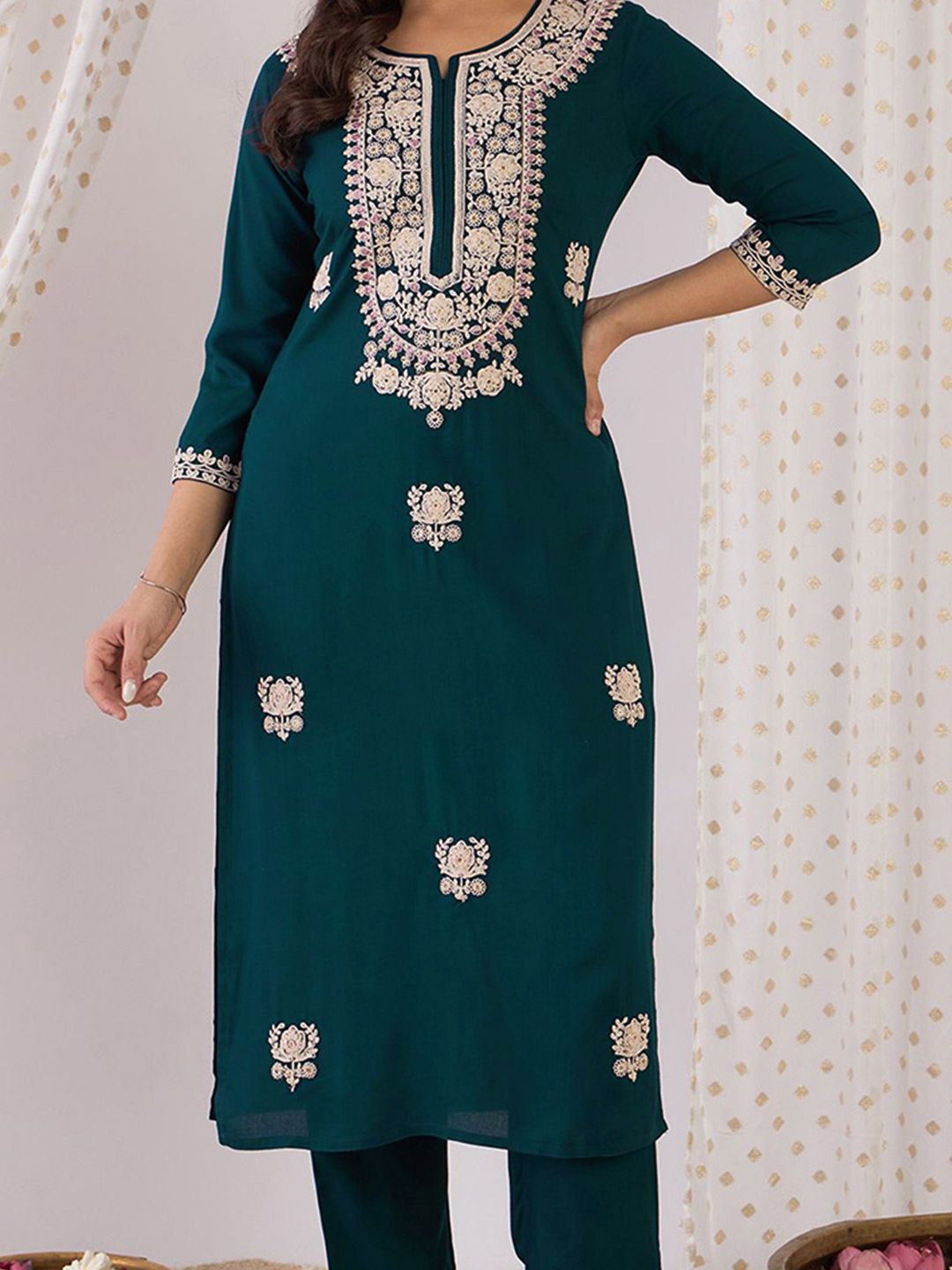 Women Embroidered Regular Kurta with Trousers