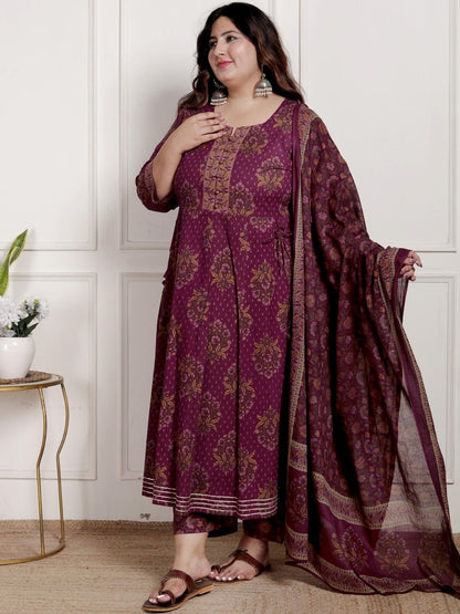 Dhiyona KL Women Floral Printed Empire Pure Cotton Kurta with Trousers & With Dupatta