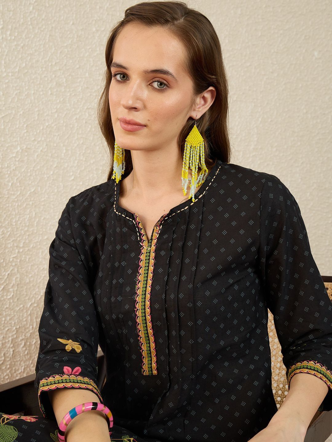 Floral Printed Thread Work Pure Cotton Straight Kurta With Trousers