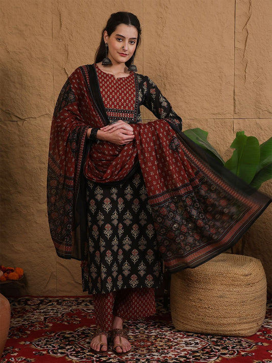 Dhiyona SN Women's Ethnic Motifs Printed Sequinned Pure Cotton Kurta Set With Dupatta