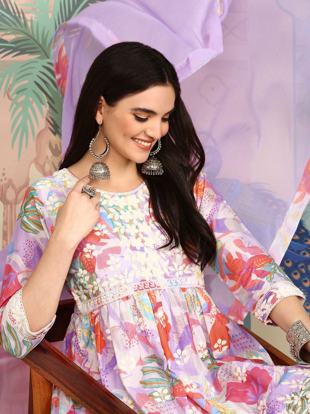 Dhiyona IS Women's Floral Printed Thread Work Pure Cotton A-Line Kurta with Sharara & Dupatta
