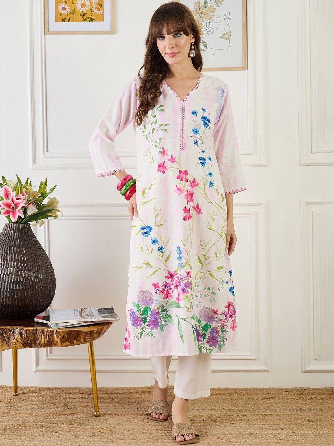 Women Floral Printed Linen Kurta with Trousers & Dupatta