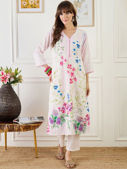 Women Floral Printed Linen Kurta with Trousers & Dupatta