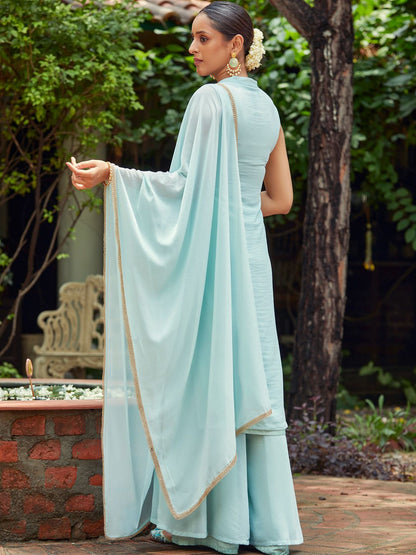 Dhiyona WP Floral Embroidered Sequinned Straight Kurta With Sharara & Dupatta