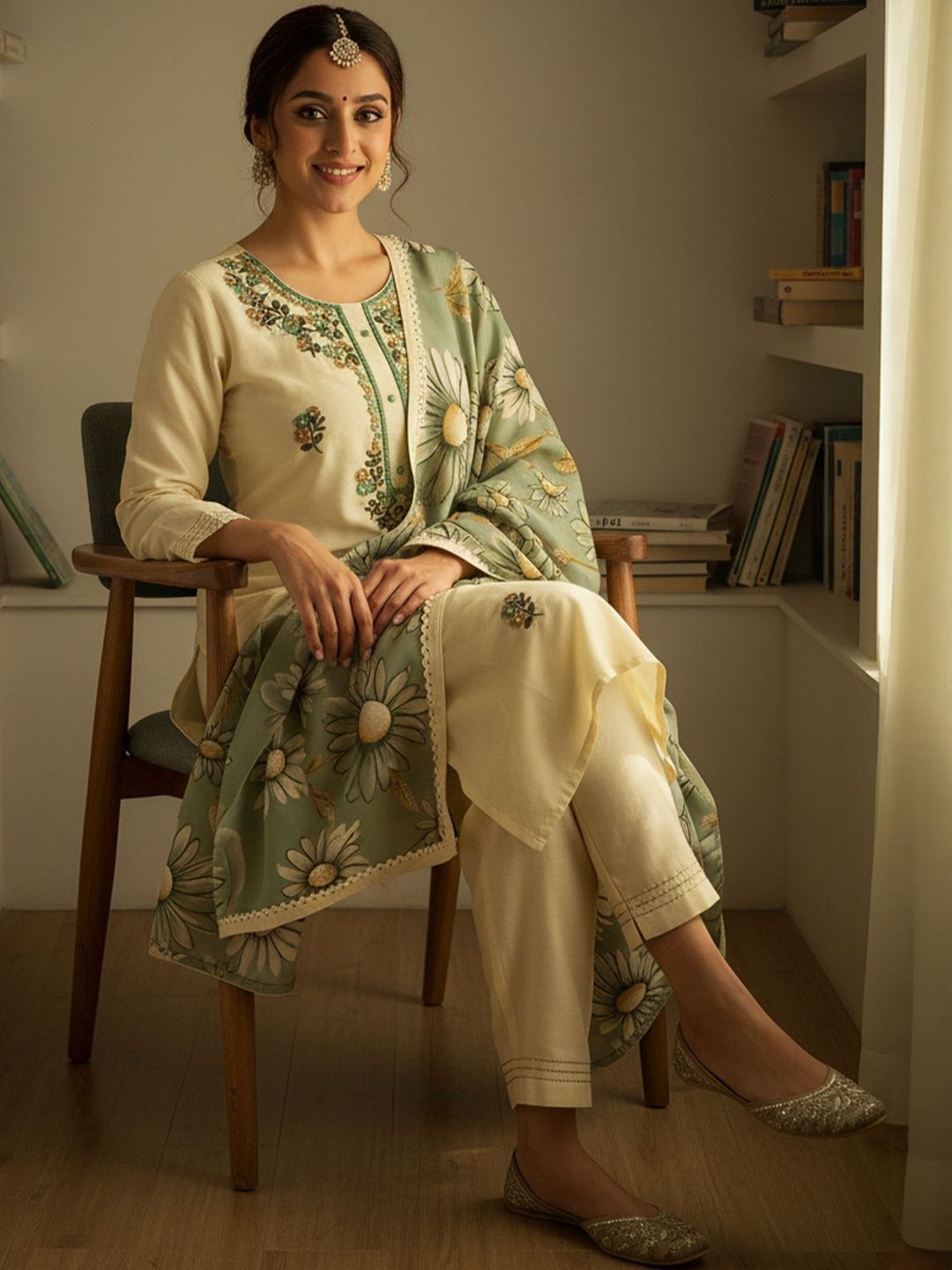 Dhiyona IE Floral Embroidered Regular Thread Work Kurta With Trousers & Dupatta