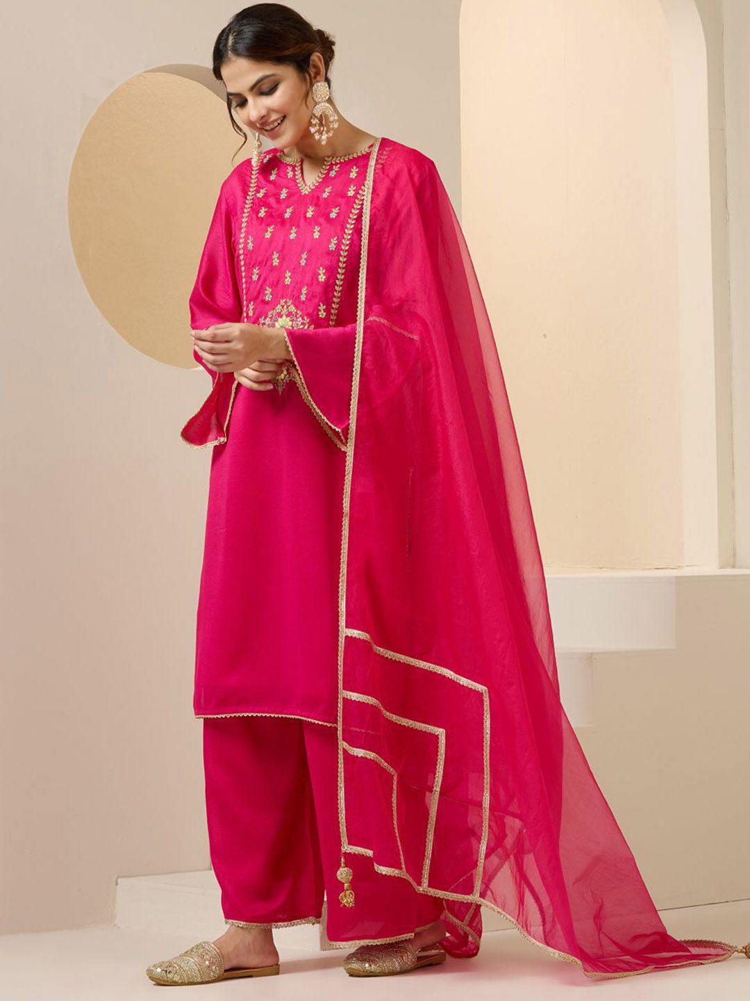 Dhiyona IS Women's Floral Embroidered Yoke Design Notch Neck Kurta With Palazzos And Dupatta