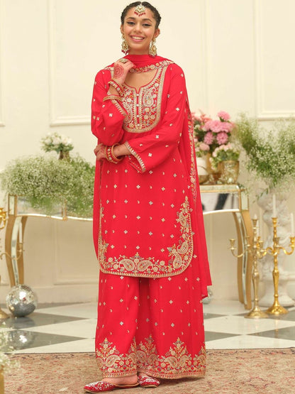Paisley Embroidered Sweetheart Neck Straight Zari Kurta With Palazzos & Dupatta