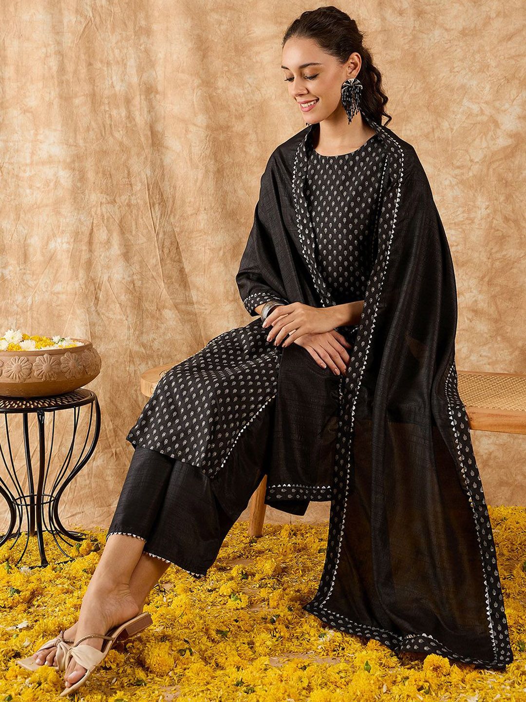 Floral Printed Straight Gotta Patti Kurta with Trousers & Dupatta
