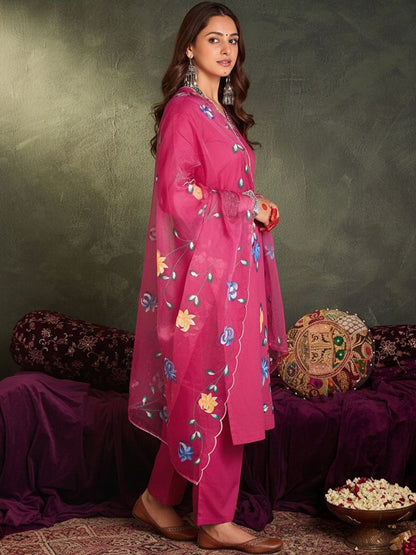 Floral Printed Sraight Thread Work Pure Cotton Kurta With Trousers & Dupatta