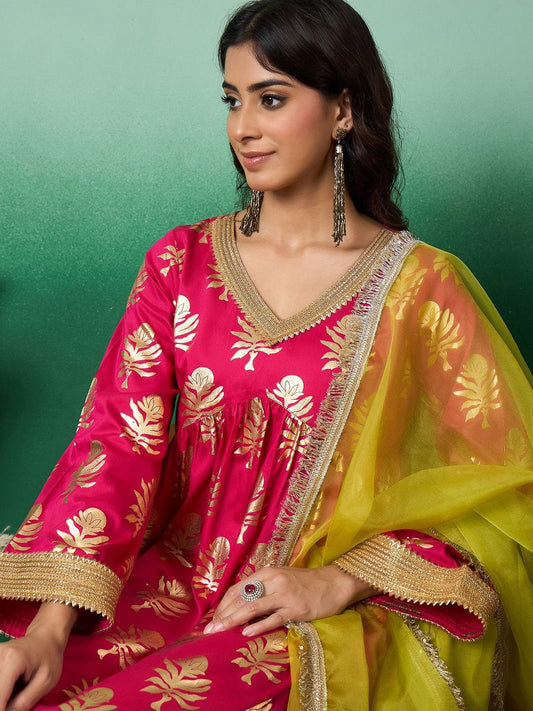 Dhiyona SN Women's Floral Printed Flared Sleeves A-Line Kurta With Trousers & Organza Dupatta