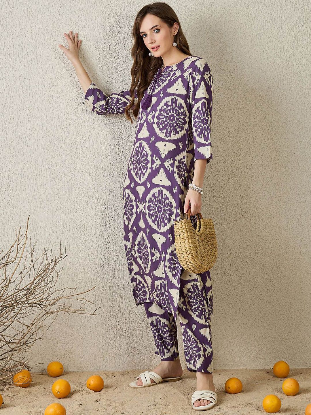 Dhiyona IE Ethnic Motifs Printed Round Neck Tunic With Trousers