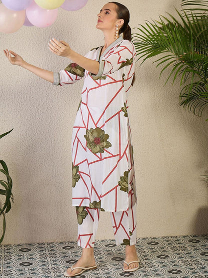 Dhiyona IE Floral Printed V-Neck Straight Pure Cotton Kurta With Trousers