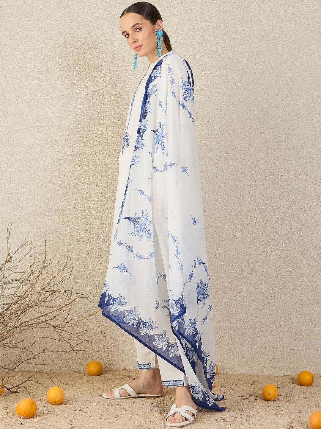 Floral Embroidered Thread Work Pure Cotton Straight Kurta & Trouser With Dupatta