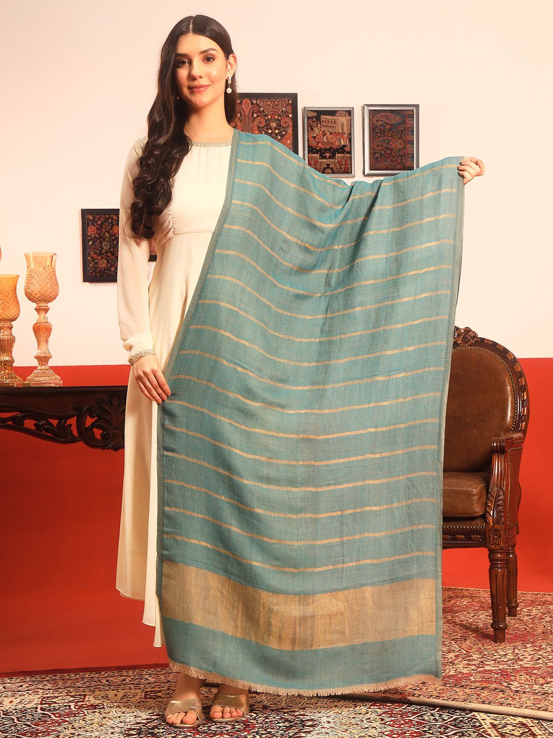 Dhiyona PA Striped Printed Woolen Reversible Shawl