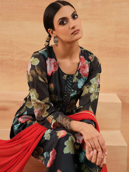 Dhiyona IS Women's Women Floral Printed Regular Mirror Work Kurta Set With Dupatta