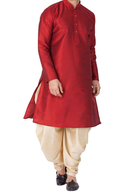 Men's Maroon Silk Blend Straight Kurta and Dhoti Set