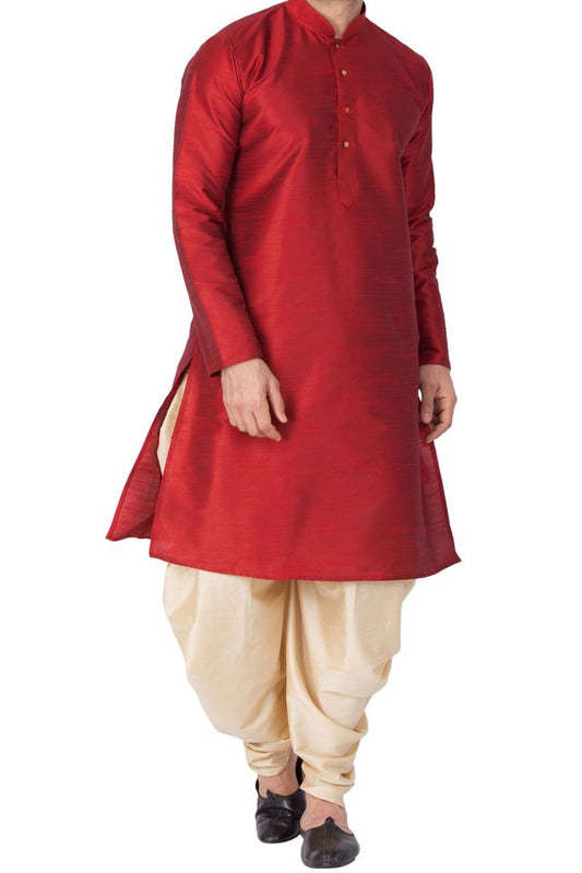 Men's Maroon Silk Blend Straight Kurta and Dhoti Set