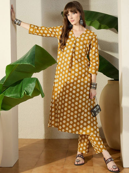 Dhiyona IE Geometric Printed Pure Cotton V-Neck Top With Trousers Co-Ords