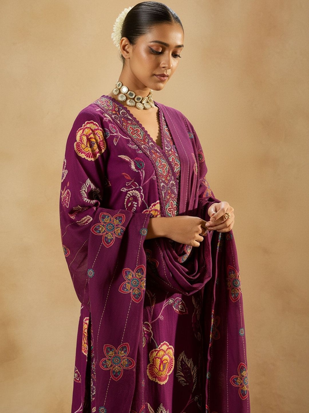 Floral Printed Regular Pure Cotton Straight Kurta with Trousers & With Dupatta